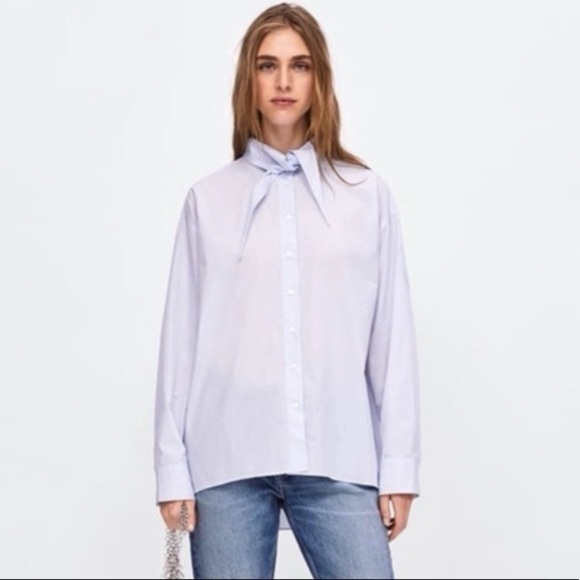 [Zara] Blue Oversized Striped poplin Button Down Shirt - Picture 1 of 5